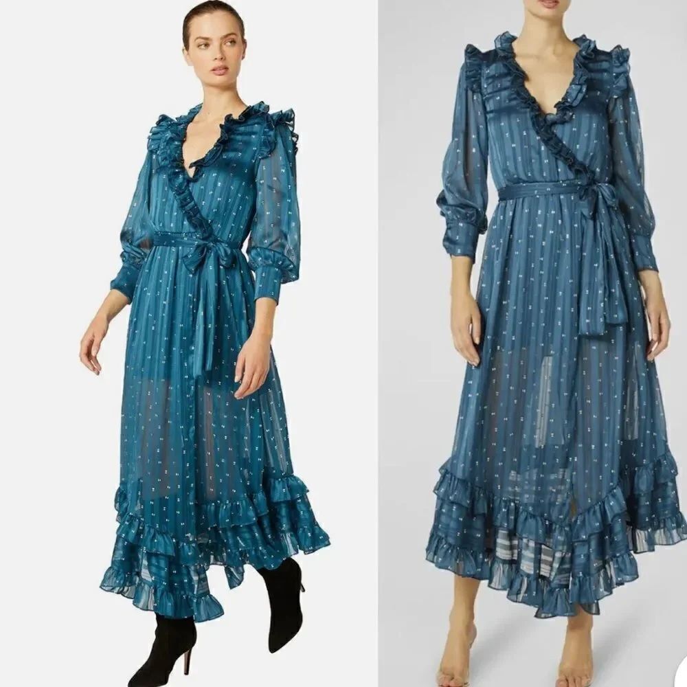 Misa Gabriella Ruffle Midi Dress Holiday Teal Size XS